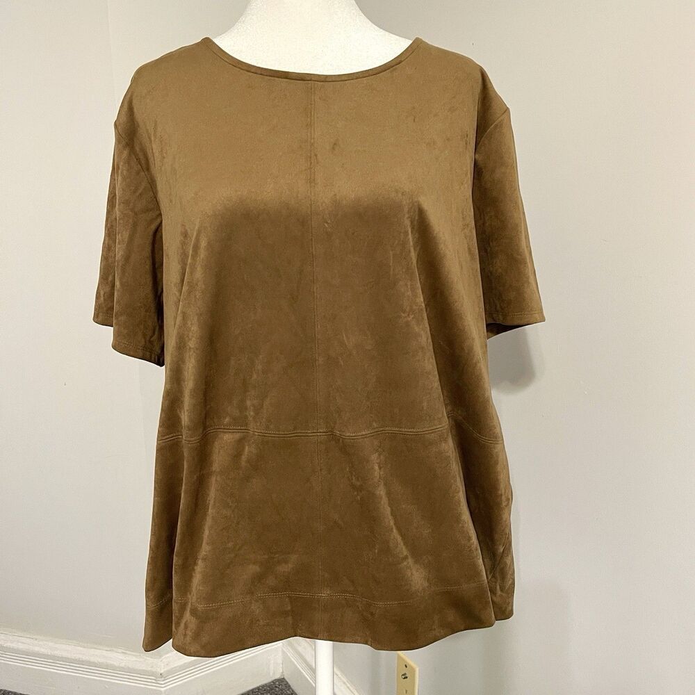 J Jill Faux Suede Top Womens XL Brown Short Sleeve Boho Western Neutral - Picture 2 of 10